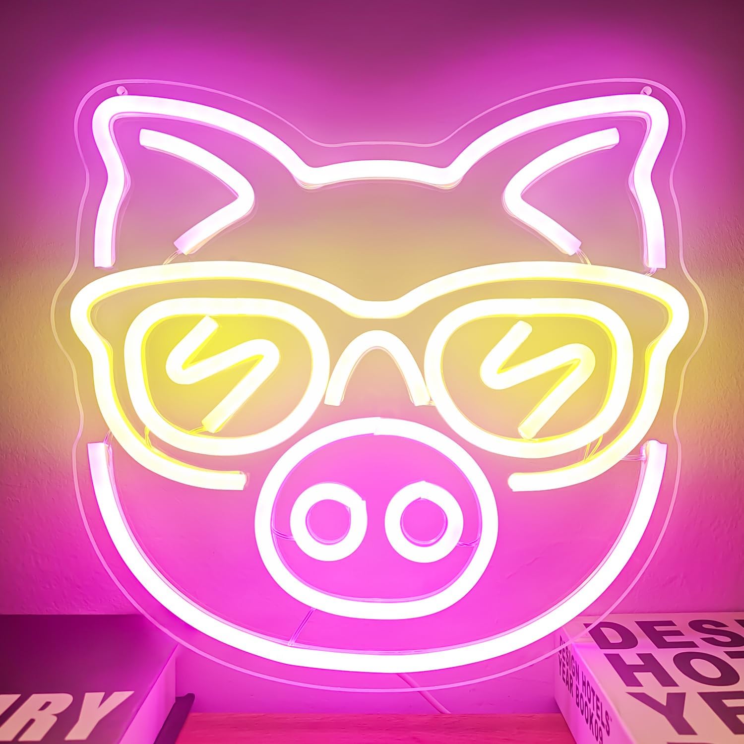 Outdoor Lighting Decor Ideas - Pink Pig with Yellow Glasses Neon